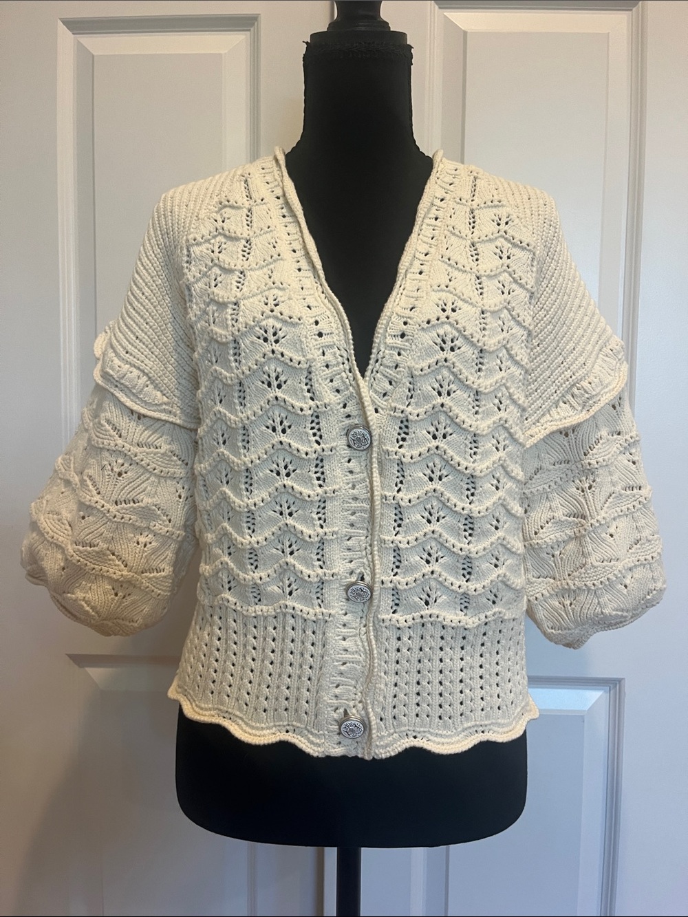 Veronica Beard Ivory Crochet Knit Button-Front Women's Cardigan Sweater
